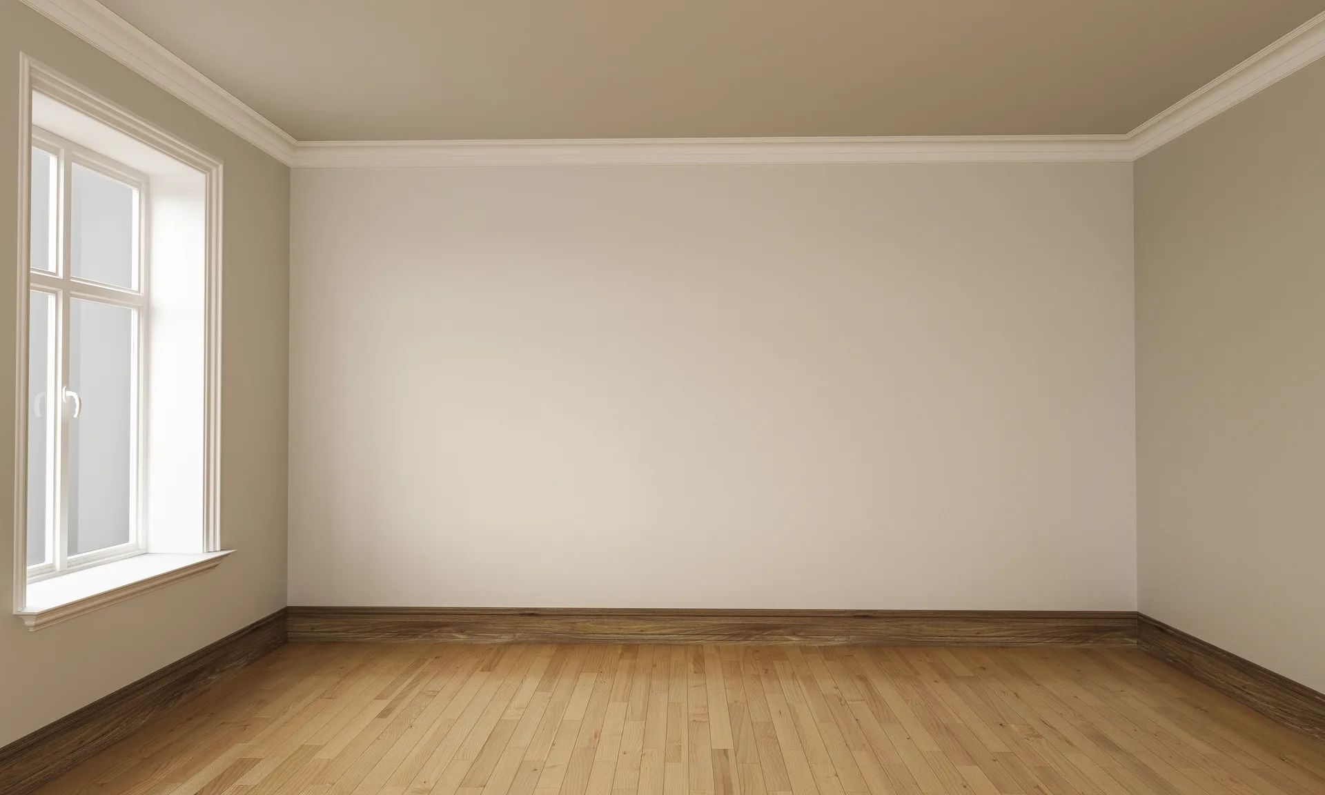 Bright, freshly plastered empty room with a wooden floor